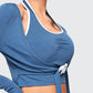 Dusty Blue Slim Fit Tie Front Rib-knit Crop Top With Contrast Binding Skirt