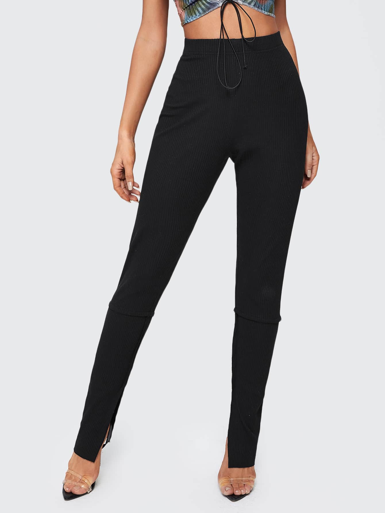 Black Split Cuff Rib-knit Skinny High Elastic Waist Pants