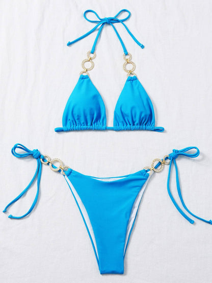 Chain Linked Halter Neck Triangle Tie Side Bikini Swimwear