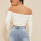 White Off Shoulder Drawstring Slim Fit Solid Top