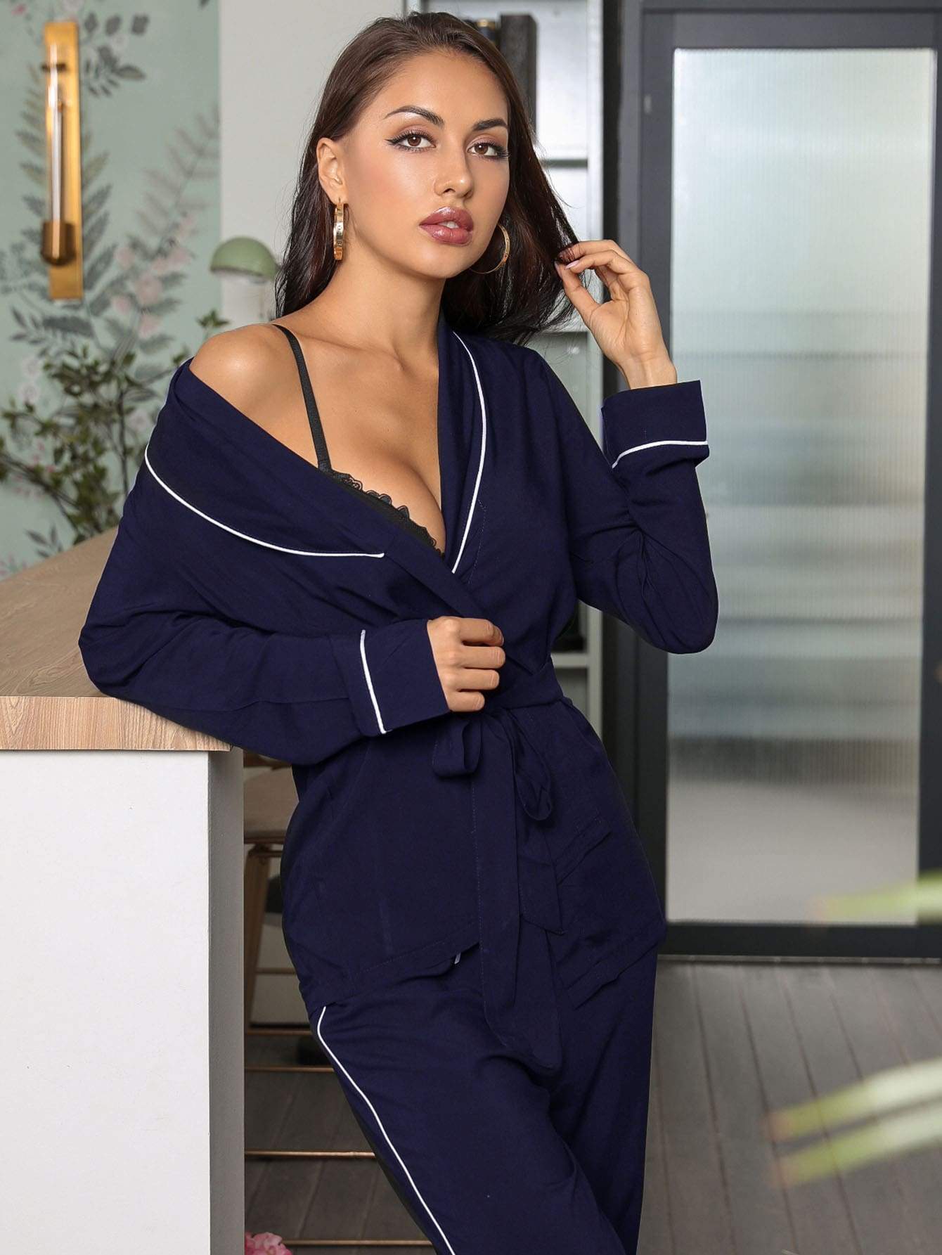 Solid Shawl Collar Contrast Binding Pyjama Sleepwear Set