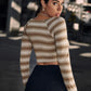 Ragan Sleeve Twist Front Striped Crop Slim Top