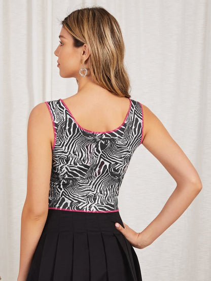 Square Neck Pin Detail Heart and Zebra Striped Tank Top