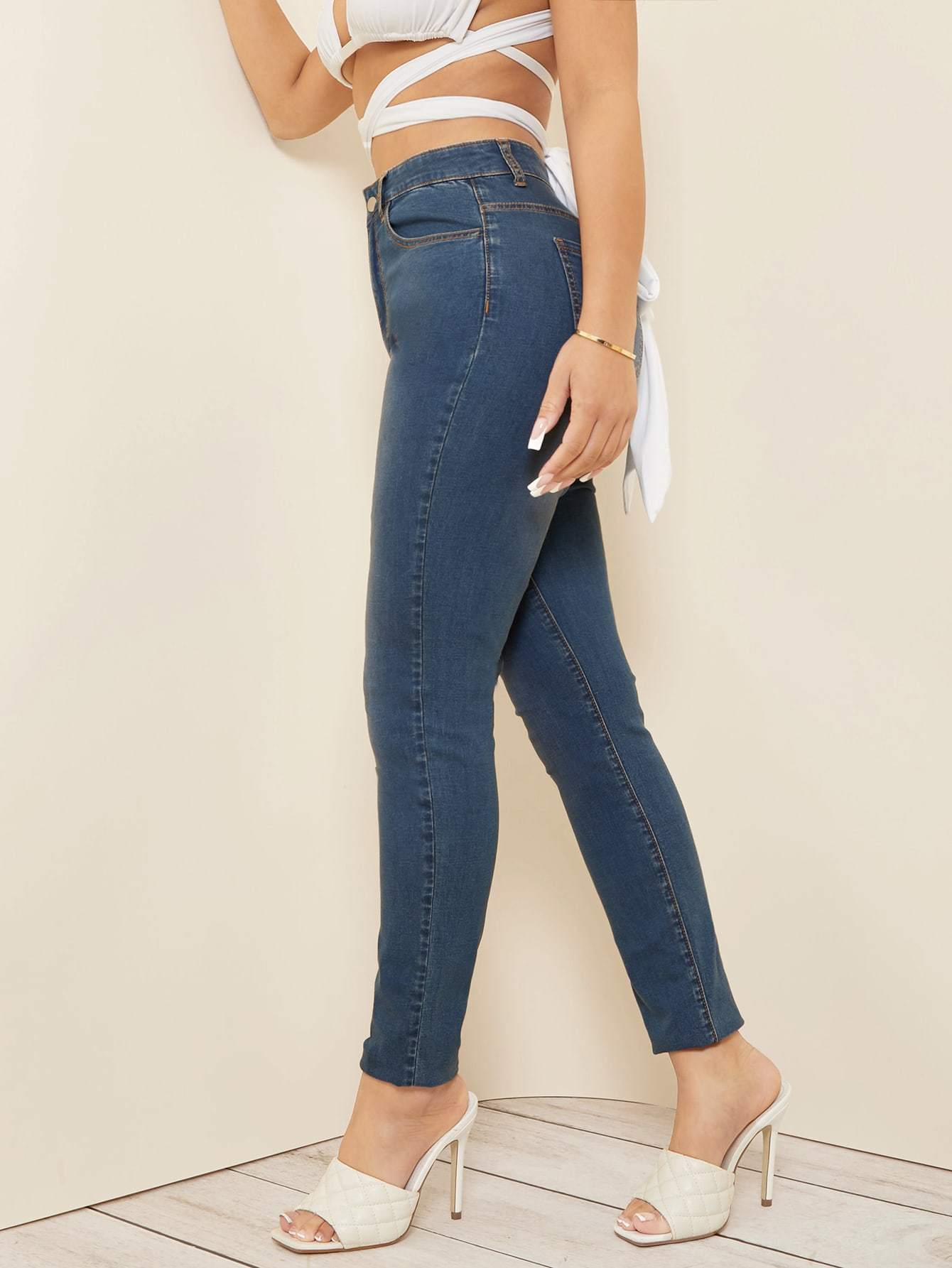 Medium Washed High Waist Cropped Skinny Jeans