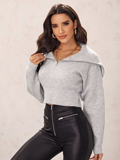 Light Grey Zipper Half Placket Ribbed Knit Sweater Top