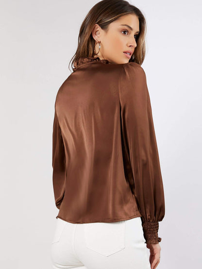 Tie Neck Bishop Sleeve Shirred Cuff Satin Top