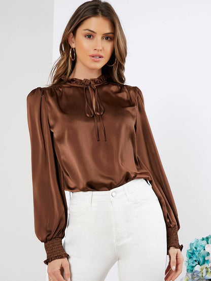 Tie Neck Bishop Sleeve Shirred Cuff Satin Top