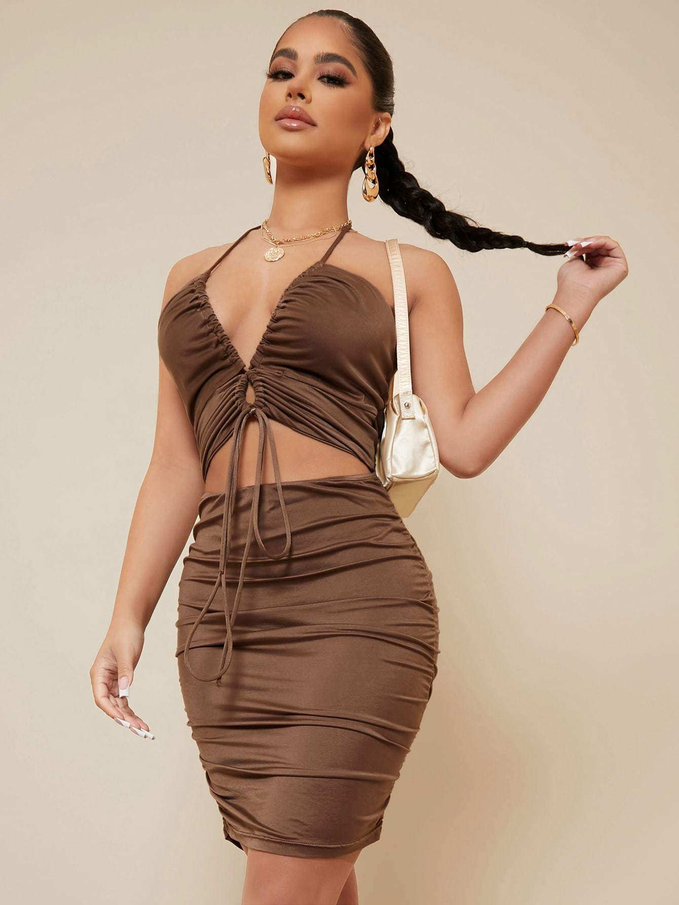 High Waist Drawstring Detail Cutout Front Low Back Ruched Backless Dress