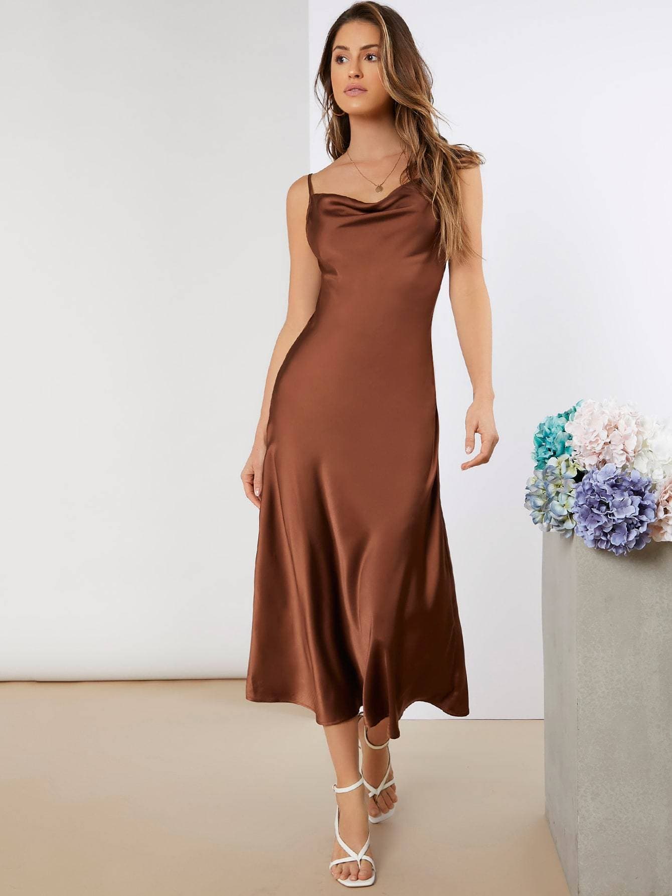 Cowl Neck Sleeveless Satin Flared Hem Dress