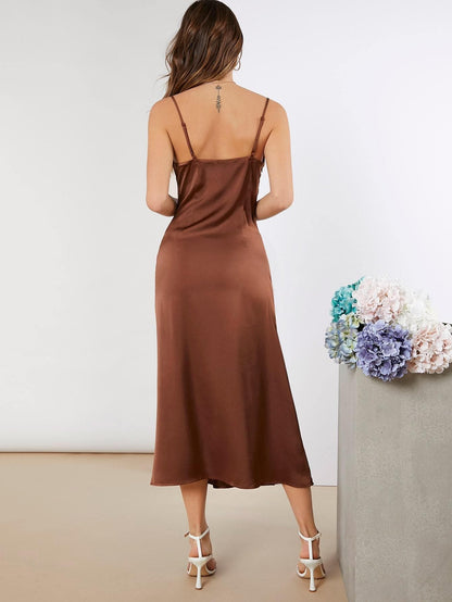 Cowl Neck Sleeveless Satin Flared Hem Dress