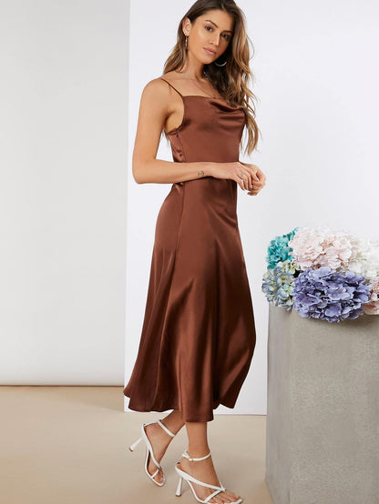 Cowl Neck Sleeveless Satin Flared Hem Dress