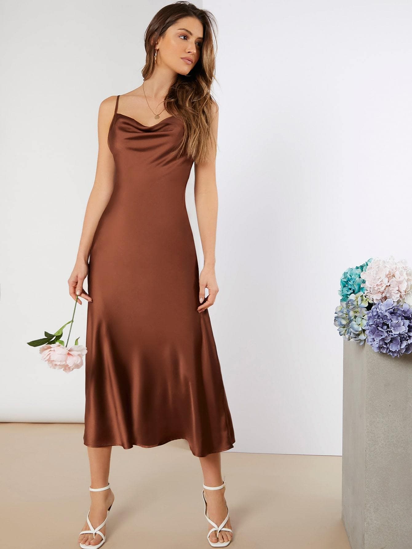 Cowl Neck Sleeveless Satin Flared Hem Dress