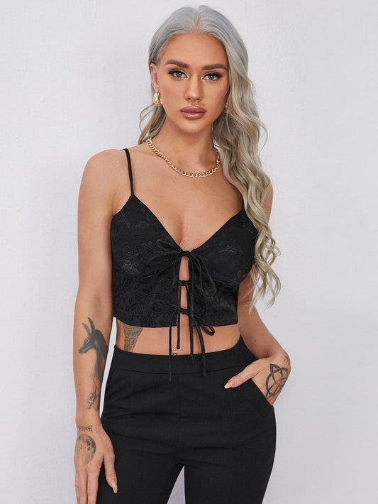 Black Spaghetti Strap Lace-up Front Floral Jacquard Slim Fit Cami Top