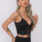 Black Spaghetti Strap Lace-up Front Floral Jacquard Slim Fit Cami Top