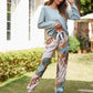 Round Neck Plants Print Bow Front Pyjama Sleepwear Set