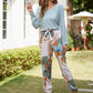 Round Neck Plants Print Bow Front Pyjama Sleepwear Set
