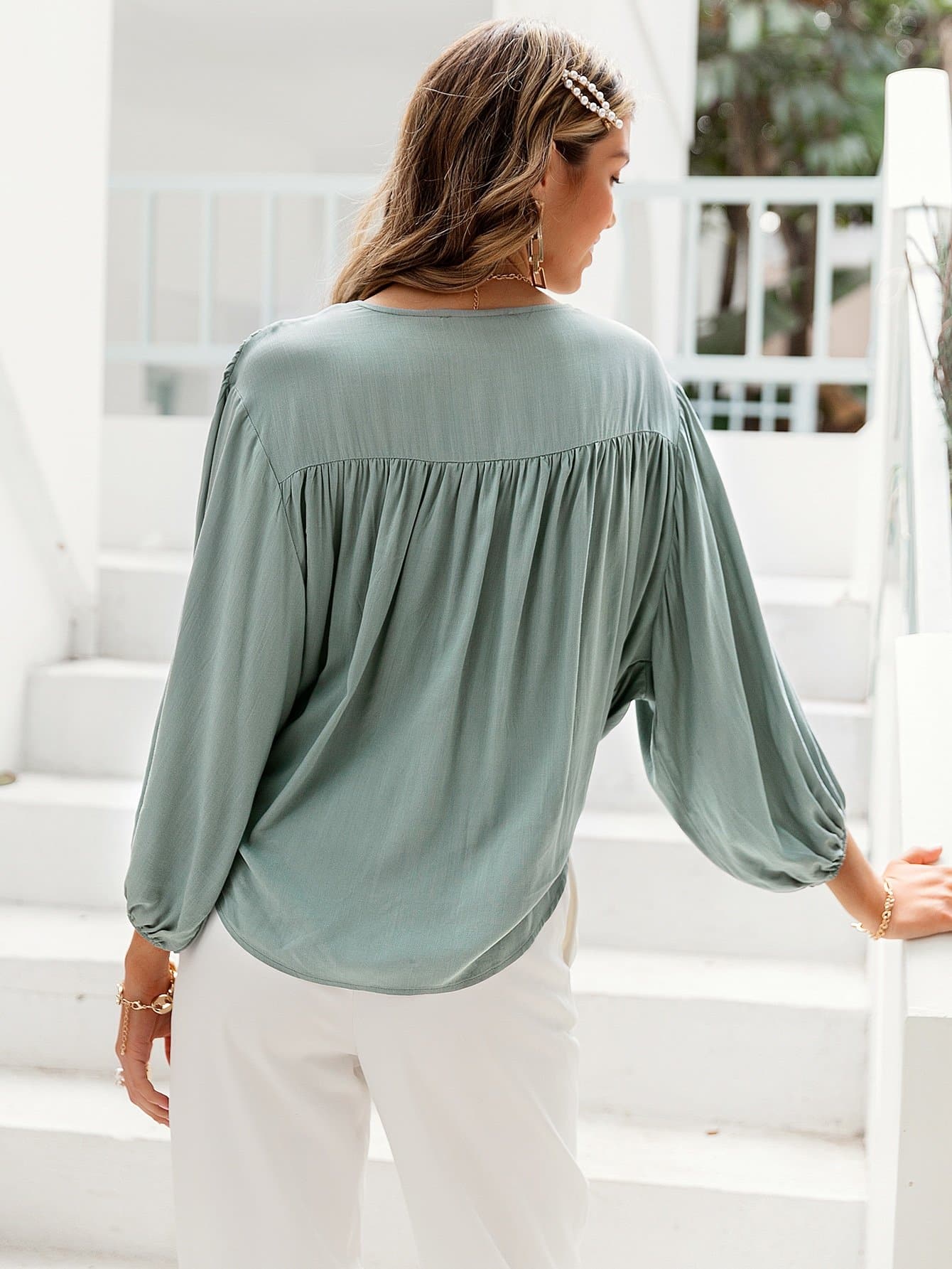 Deep Surplice V-Neck Batwing Sleeve Ruched Wrap Top