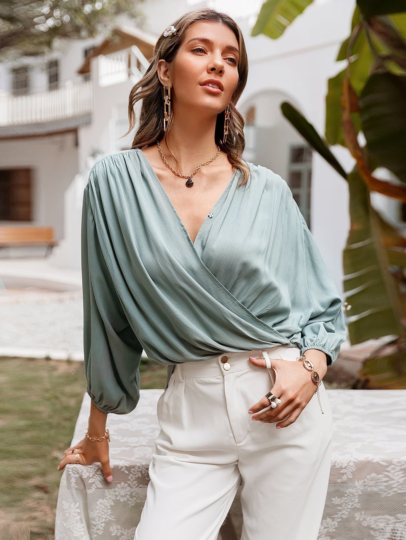 Deep Surplice V-Neck Batwing Sleeve Ruched Wrap Top