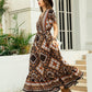V-Neck Scarf Print Ruffle Hem High Waist Dress
