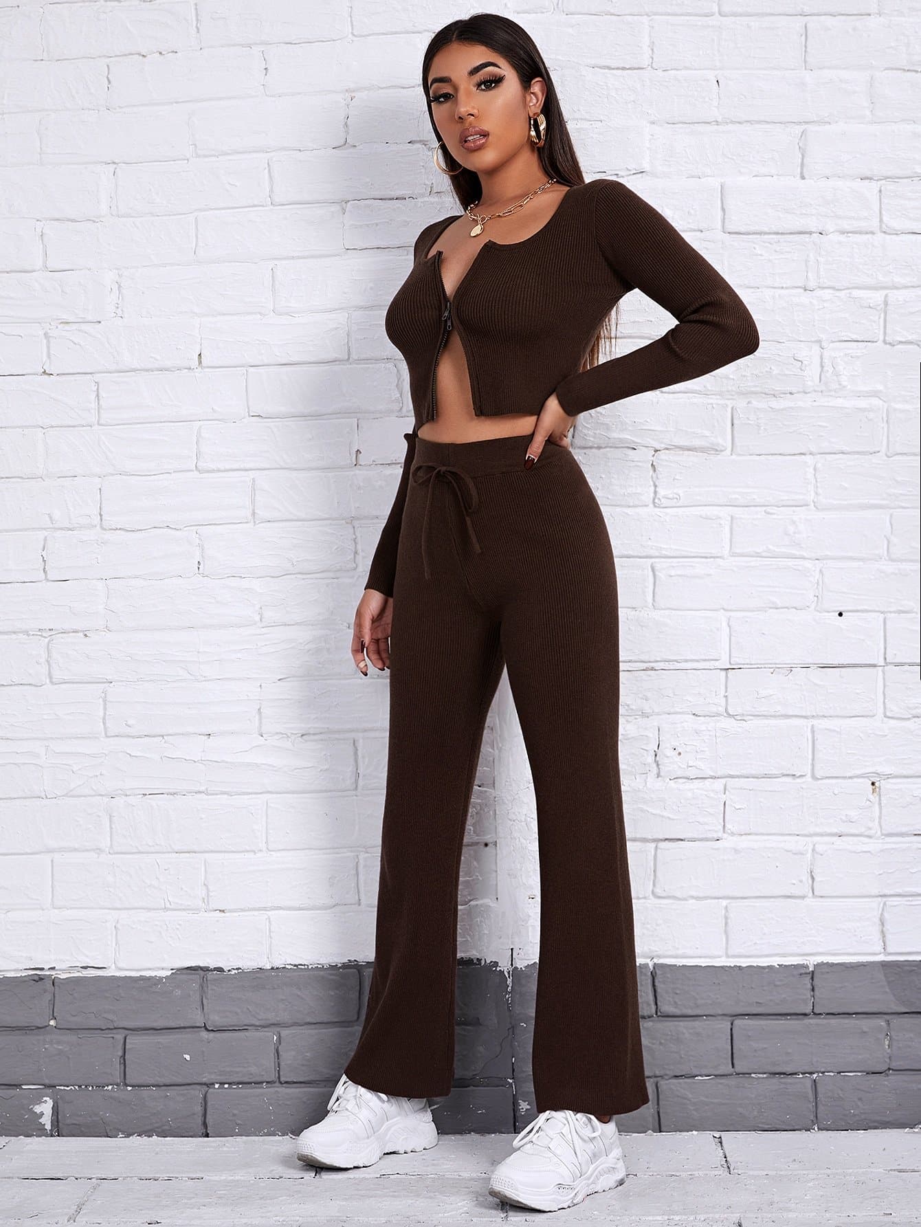 Square Neck Zip Up Rib-knit Cardigan and Pants Set