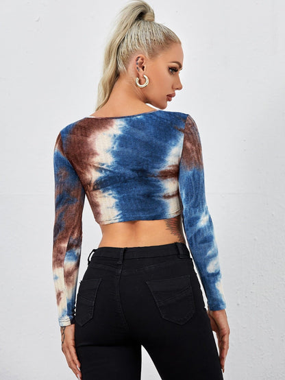 Notched Neck Asymmetrical Hem Tie Dye Slim Fit Crop Top