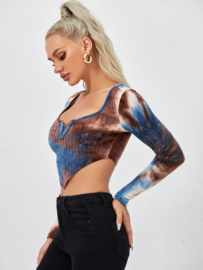 Notched Neck Asymmetrical Hem Tie Dye Slim Fit Crop Top