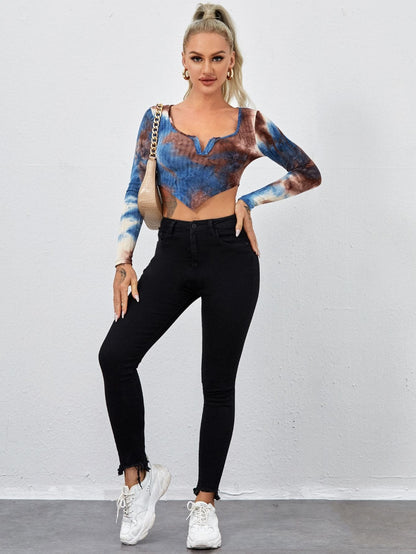 Notched Neck Asymmetrical Hem Tie Dye Slim Fit Crop Top