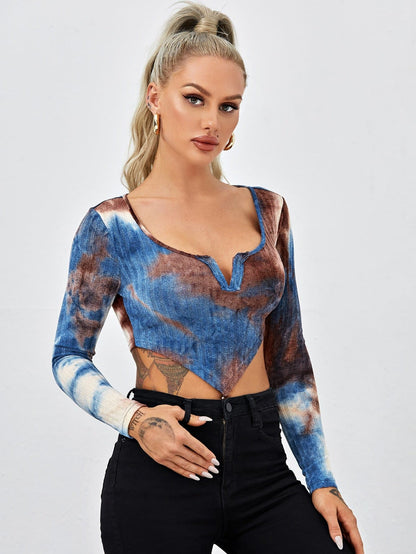 Notched Neck Asymmetrical Hem Tie Dye Slim Fit Crop Top