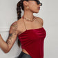 Backless Sleeveless Chain Strap Asymmetrical Hem Velvet Halter Top