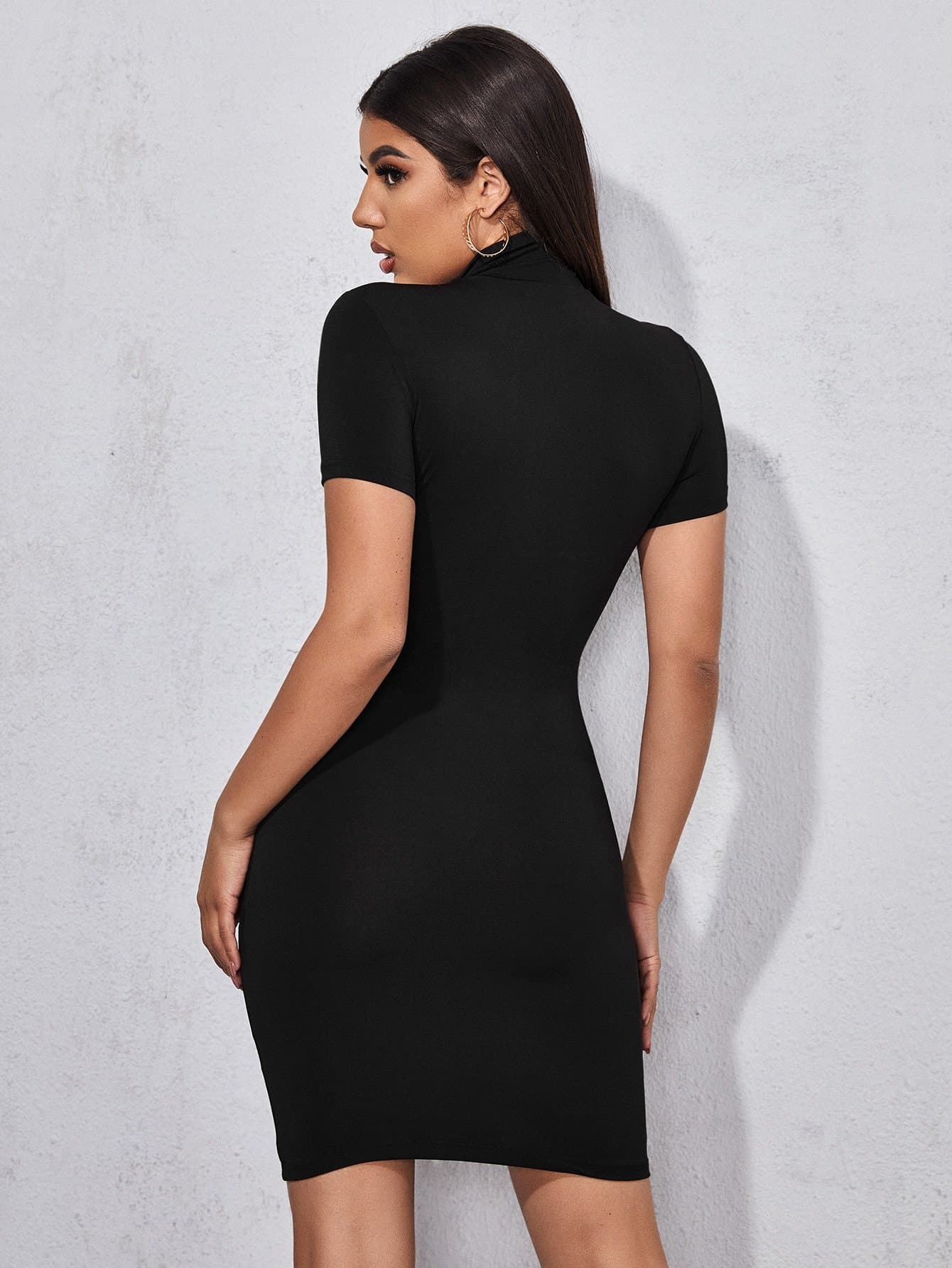 Black Half Placket Solid Slim Fit Mini Dress