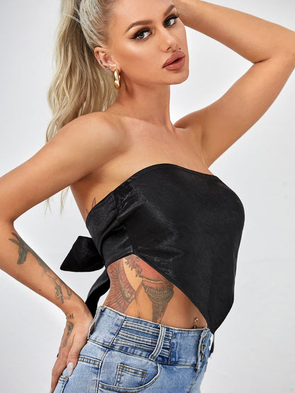 Strapless Sleeveless Tie Back Satin Bandana Top