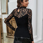 Black Round Neck Lace Yoke Ribbed Top