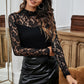 Black Round Neck Lace Yoke Ribbed Top