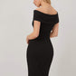 Black Off Shoulder Overlap Rib-Knit Slim Fit Dress