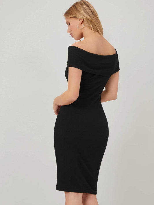 Black Off Shoulder Overlap Rib-Knit Slim Fit Dress