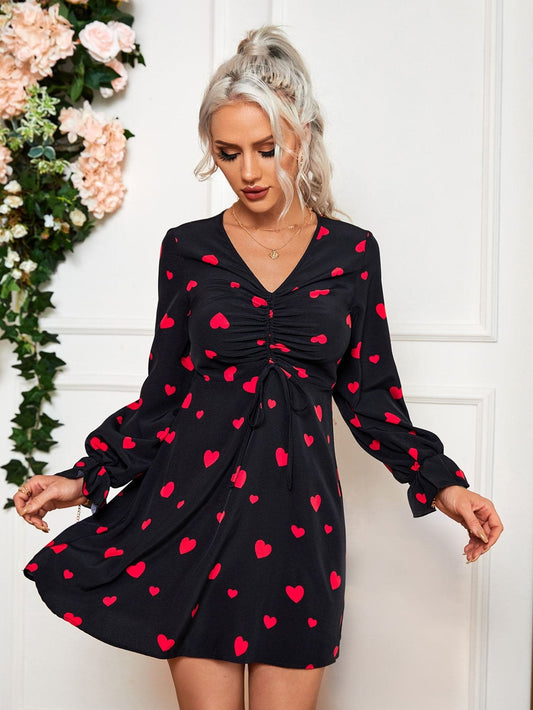 V-Neck Drawstring Front Allover Heart Print Flounce Sleeve Dress