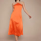 Neon Orange Sleeveless Zipper Back Solid Satin Halter Dress