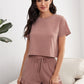 Dusty Pink Round Neck Solid Ruffle Hem Knot Lounge Sleepwear Set
