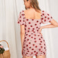 Dusty Pink Puff Sleeve Ruched Drawstring Strawberry Mesh Slim Fit Dress