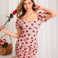 Dusty Pink Puff Sleeve Ruched Drawstring Strawberry Mesh Slim Fit Dress