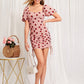 Dusty Pink Puff Sleeve Ruched Drawstring Strawberry Mesh Slim Fit Dress