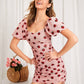 Dusty Pink Puff Sleeve Ruched Drawstring Strawberry Mesh Slim Fit Dress
