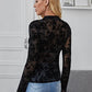 Black Mock Neck Flocked Floral Sheer Mesh Slim Fit Top