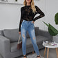 Black Mock Neck Flocked Floral Sheer Mesh Slim Fit Top