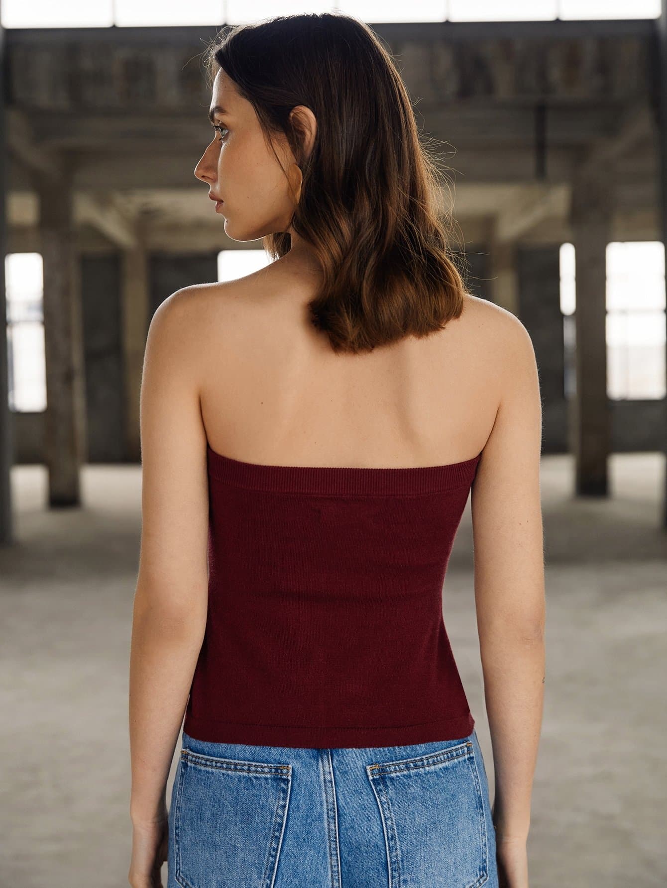 Burgundy Strapless Sleeveless. Button Front Solid Knit Top