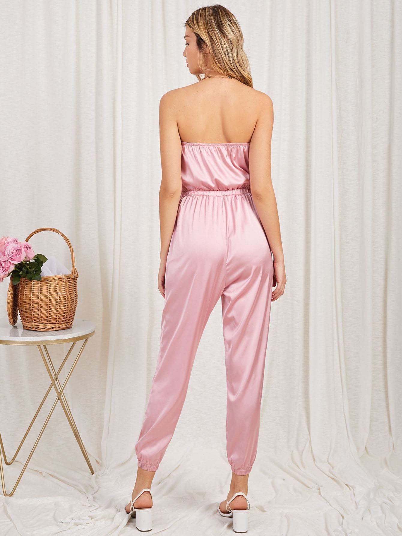 Strapless Solid Satin Tube Jumpsuit