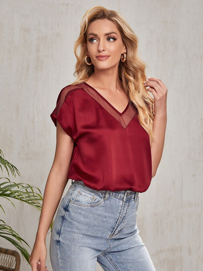 V-Neck Batwing Sheer Mesh Insert Satin Top