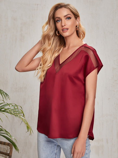 V-Neck Batwing Sheer Mesh Insert Satin Top