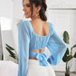 Solid Square Neck Ruched Bust Flounce Sleeve Crop Top