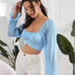Solid Square Neck Ruched Bust Flounce Sleeve Crop Top